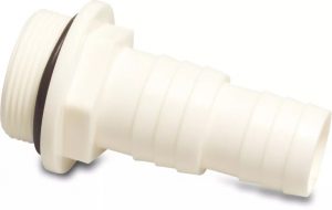 PVC-ADAPTER 1 1/2" UTV GÄNGA 32-38 med slanganslutning, gängad ände och svart O-ring.