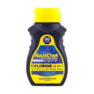 En flaska med AQUACHEK STANDARD-testremsor med ett gult lock.