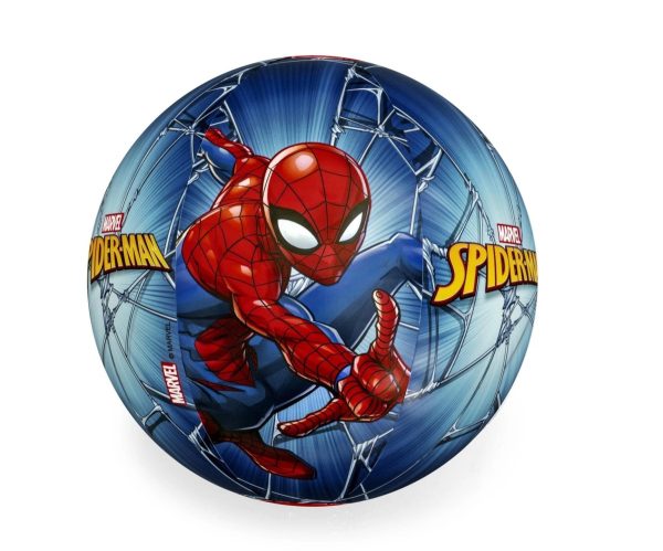 En BADBOLL SPIDERMAN med en dynamisk bild av Spider-Man som svänger på en nät mot en blå bakgrund.