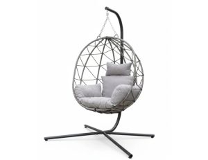CASABLANCA SOLSTOL HÄNGANDE: Grå stoppad hängande äggstol med metallram och stativ.