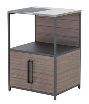 UTEKÖK MAMBO PREP STATION: Vagn i träfinish, metallram, 2 dörrar och öppet hyllplan.