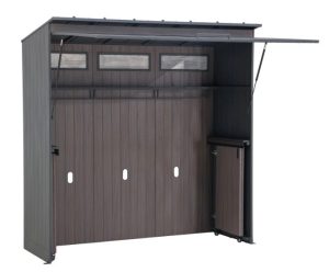 Antracit Utekök Noshak med 3 fönster och en öppen lyftbar ytterdörr.