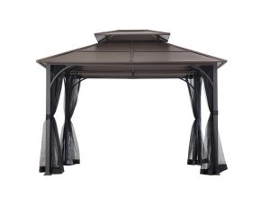 GAZEBO KALDI 3,66 X 3,07M brunt lusthus av metall med sidogardiner av nät, framifrån på vitt.
