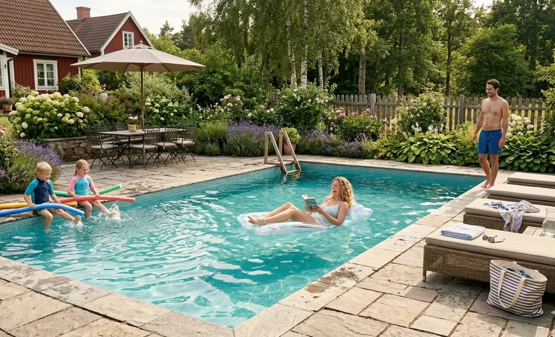 Kvinna på poolflotte, två barn på kanten och man vid utomhuspool i trädgårdsmiljö.