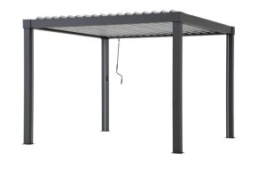 PERGOLA MATTERHORN 3,06 x 3,06 m med spjälat tak och vevhandtag visas på vit bakgrund.