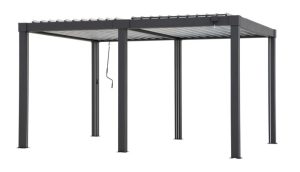 PERGOLA MATTERHORN 4,06 x 3,06m: modern svart metall med spjälat tak och fyra kraftiga ben.