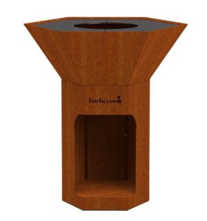 GRILL NESTOR BARBECOOK CORTEN STÅL: Sexkantig grill med rostfinish och öppen förvaring undertill.