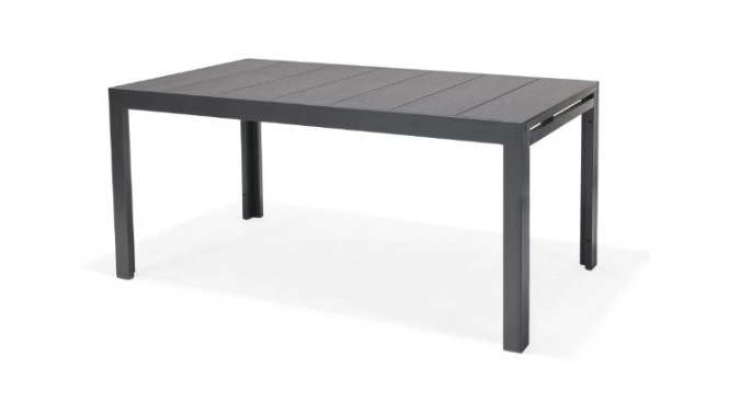 BORD ESSENCE ALU 156-246 x 95 cm, rektangulärt svart bord med fyra ben på vit botten.