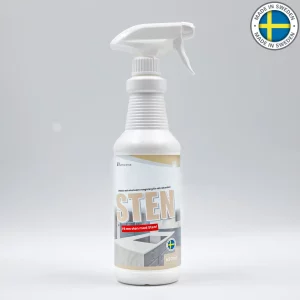 Vit sprayflaska med texten ”STEN”, en svensk flagga och en etikett med texten ”Made in Sweden”.
