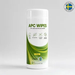 Vit behållare med INGA KONSTIGHETER APC WIPES med grön etikett och svensk flagga uppe till höger.