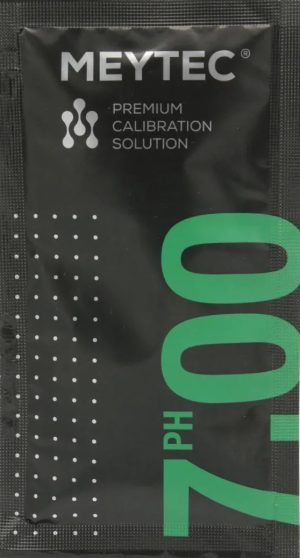 Svart BUFFERTVÄTSKA PH 7,0 20 ml-förpackning märkt ”Premium Calibration Solution” med grön text.