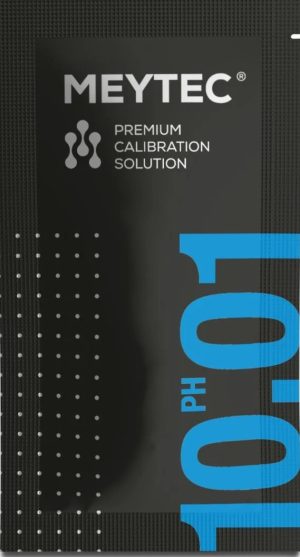 Svart BUFFERTVÄTSKA PH 10,01, 20 ml-förpackning, märkt ”Premium Calibration Solution” med blå text.