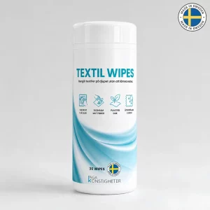 Vit behållare för INGA KONSTIGHETER TEXTILE WIPES med blå detaljer och svenskt flaggmärke.