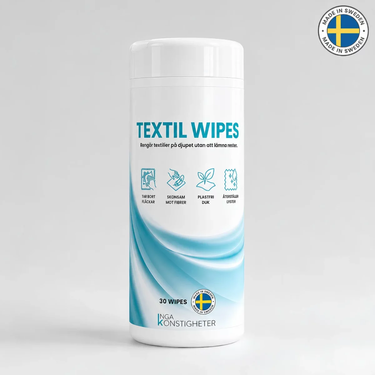 Vit behållare för INGA KONSTIGHETER TEXTILE WIPES med blå detaljer och svenskt flaggmärke.